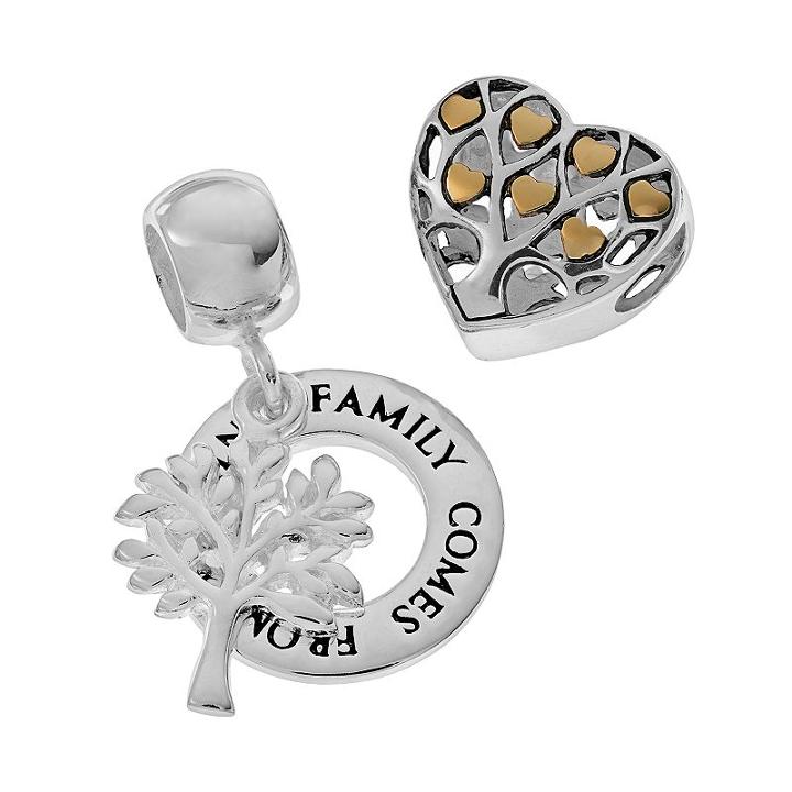 Individuality Beads Two Tone Sterling Silver Family Tree Charm & Heart Bead Set, Women's, Grey