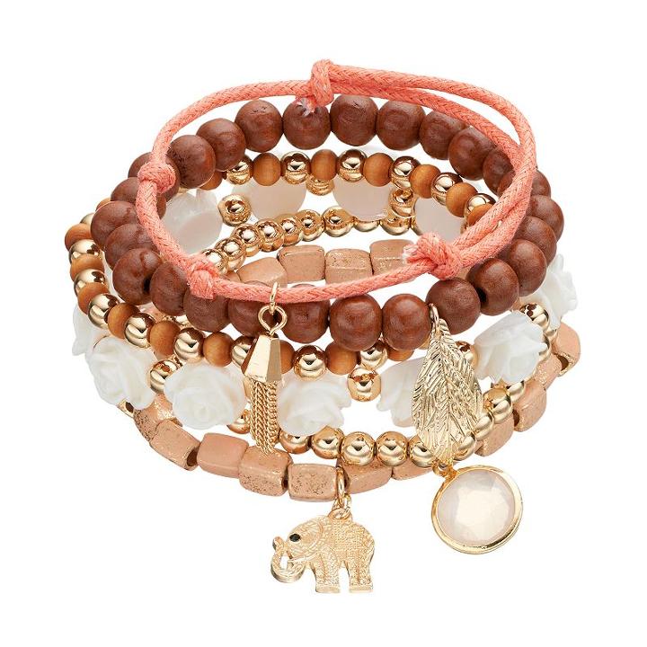 Elephant & Leaf Charm Wooden Bead Stretch Bracelet Set, Women's, Lt Brown