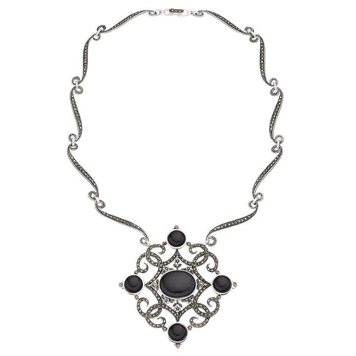 Silver Plated Black Agate & Marcasite Filigree Necklace, Women's