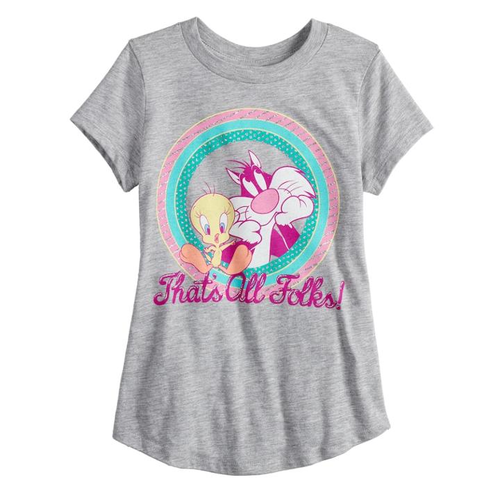 Girls 4-10 Jumping Beans&reg; Tweety & Sylvester That's All Folks Glittery Graphic Tee, Size: 7, Med Grey