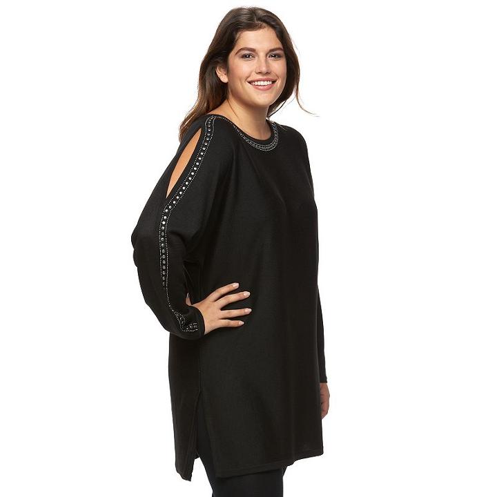 Plus Size Design 365 Studded Cold-shoulder Tunic Sweater, Women's, Size: 2xl, Black