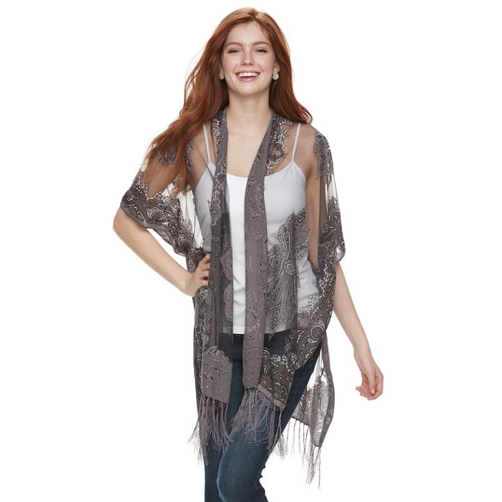 Mudd&reg; Burnout Paisley Fringed Kimono, Women's, Black