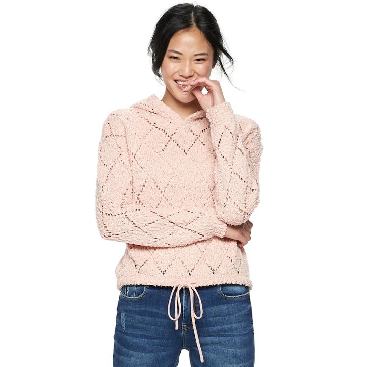 Juniors' Almost Famous Pointelle Sweater Hoodie, Teens, Size: Large, Purple