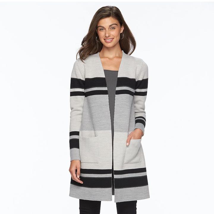 Women's Ab Studio Striped Long Cardigan, Size: Regular, Ovrfl Oth