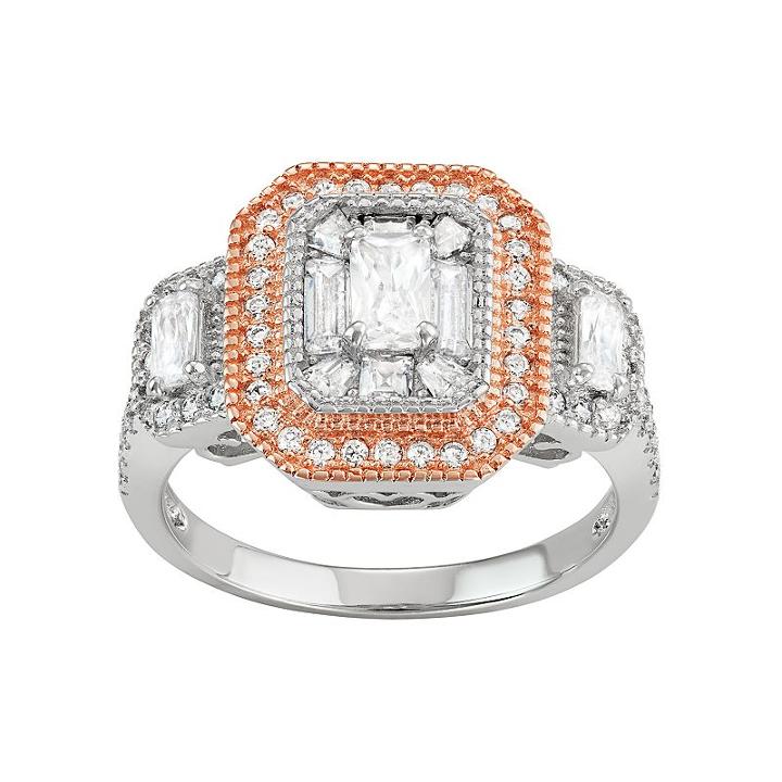 Two Tone Sterling Silver Cubic Zirconia Cluster Halo Ring, Women's, Size: 9, White