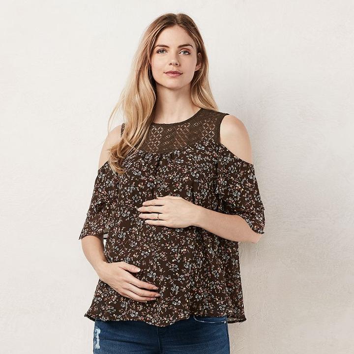Maternity Lc Lauren Conrad Floral Cold-shoulder Top, Women's, Size: S-mat, Dark Green
