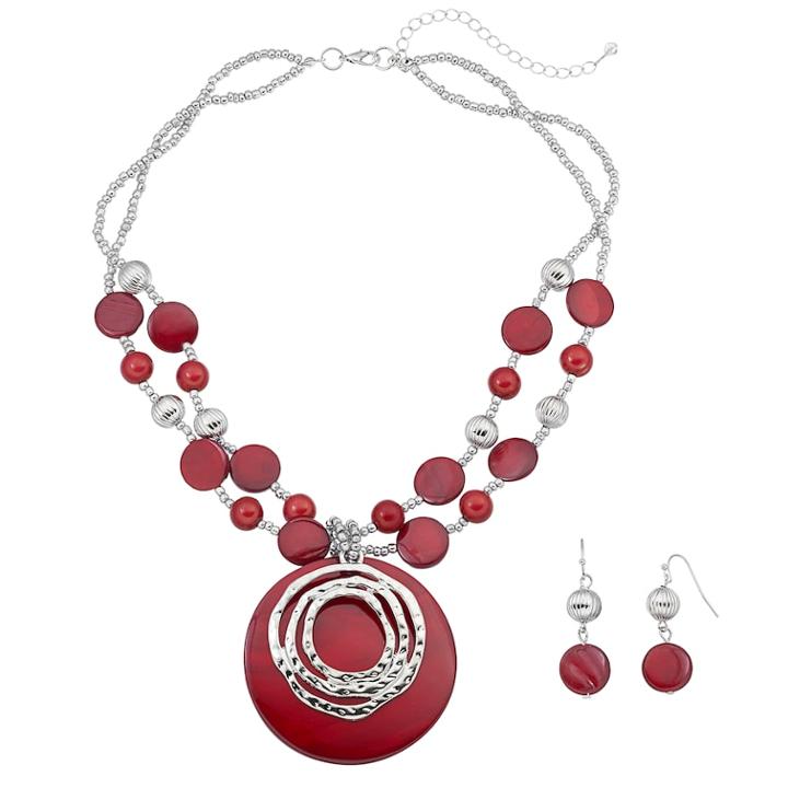 Red Composite Shell Beaded Necklace & Drop Earring Set, Women's