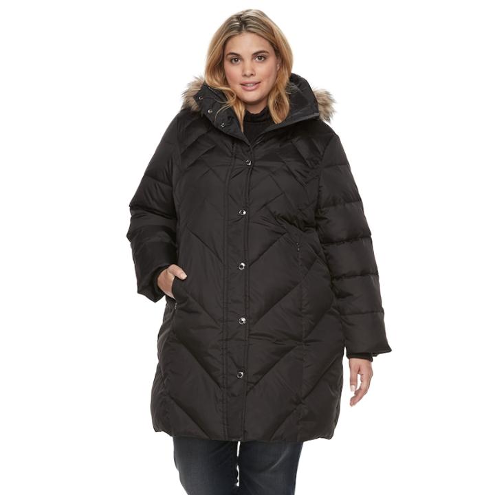 Plus Size Tower By London Fog Quilted Faux-fur Trim Coat, Women's, Size: 2xl, Black