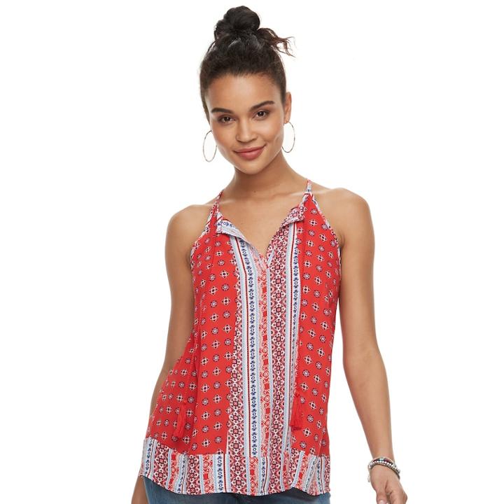 Juniors' Pink Republic Tassel Split Neck Tank, Teens, Size: Large, Red
