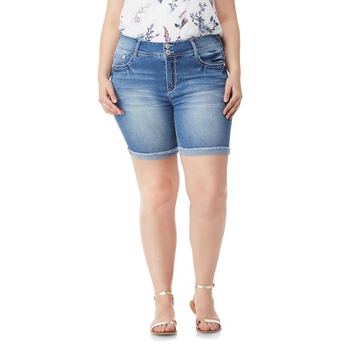 Juniors' Plus Size Wallflower Mid-rise Bling Luscious Curvy Midi Denim Shorts, Teens, Size: 18, Pink Ovrfl
