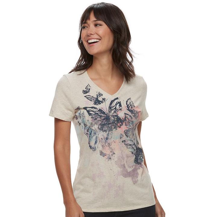 Women's Graphic V-neck Tee, Size: Small, Beige Oth