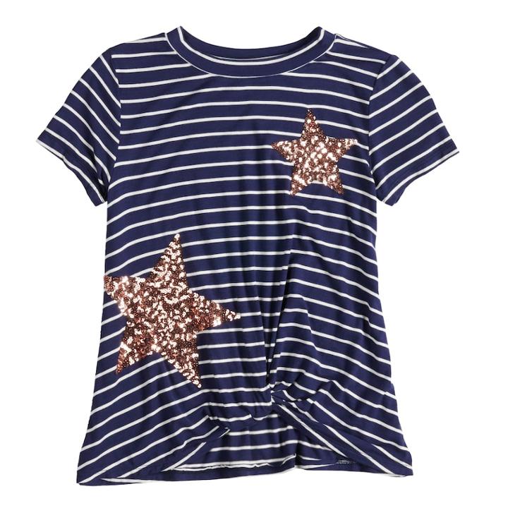 Girls 7-16 Miss Chievous Sequined Stars & Stripes Twist Front Tee, Size: Small, Med Blue