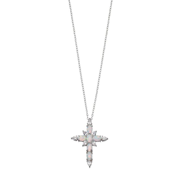 Sterling Silver Simulated Opal & Cubic Zirconia Cross Pendant, Women's, Size: 18, White