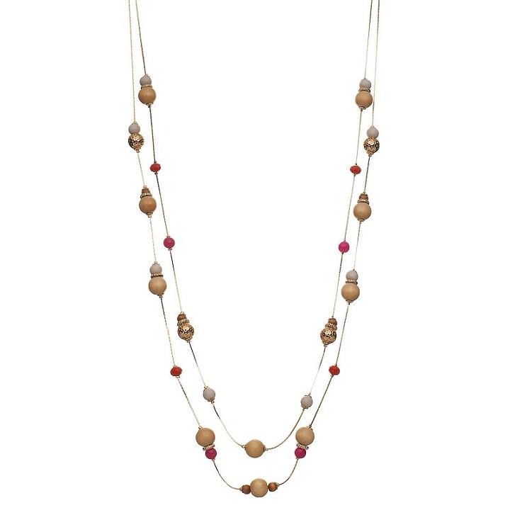 Long Wooden Bead Double Strand Station Necklace, Women's, Multicolor