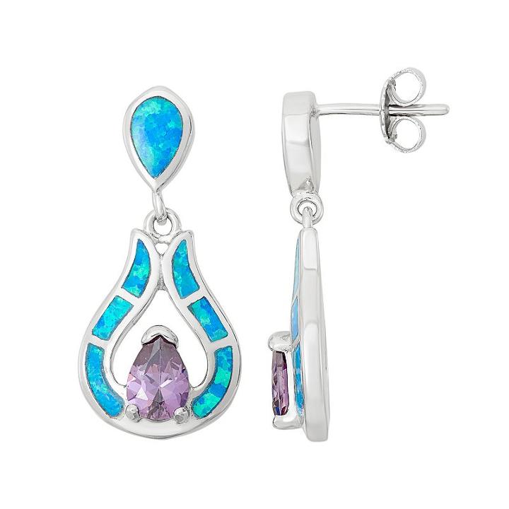 Lab-created Blue Opal & Cubic Zirconia Sterling Silver Teardrop Earrings, Women's, Multicolor