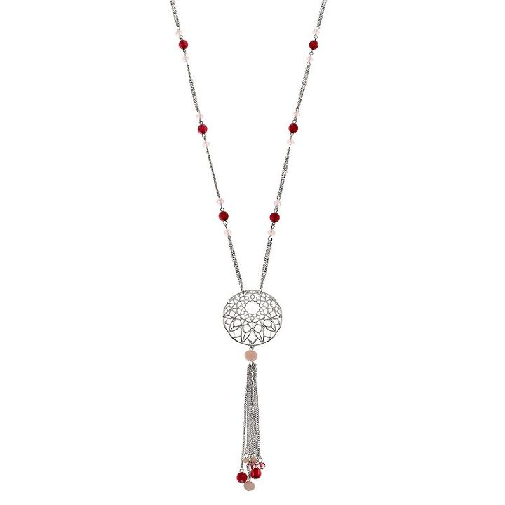 Long Red Beaded Tassel Dream Catcher Necklace, Women's, Pink