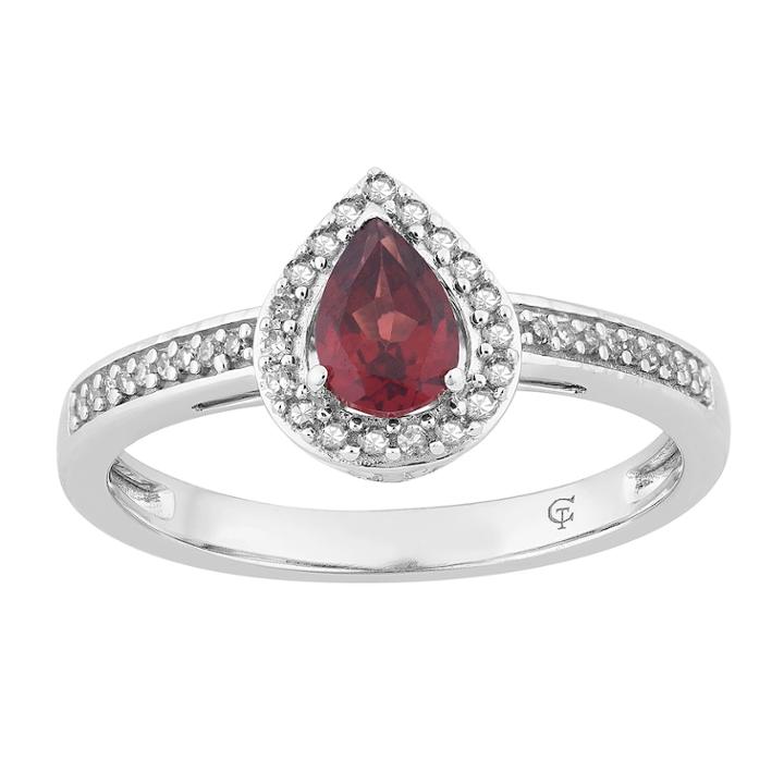 10k White Gold Garnet & 1/6 Carat T.w. Diamond Teardrop Halo Ring, Women's, Size: 8, Red