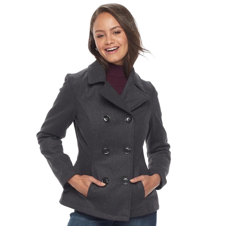 Juniors' Pink Envelope Double-breasted Peacoat, Teens, Size: Large, Grey (charcoal)