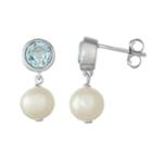 Sterling Silver Blue Topaz & Freshwater Cultured Pearl Drop Earrings, Women's