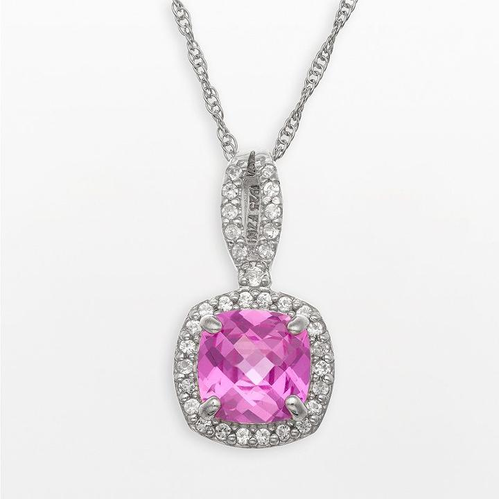 Sterling Silver Lab-created Pink And White Sapphire Square Halo Pendant, Women's, Size: 18, Multicolor