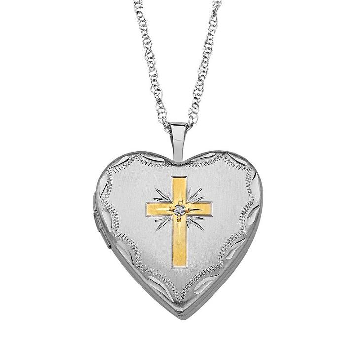 Sweet Sentiments Gold Tone Over Silver And Sterling Silver Diamond Accent Cross Reversible Heart Locket, Women's, Size: 20, Grey