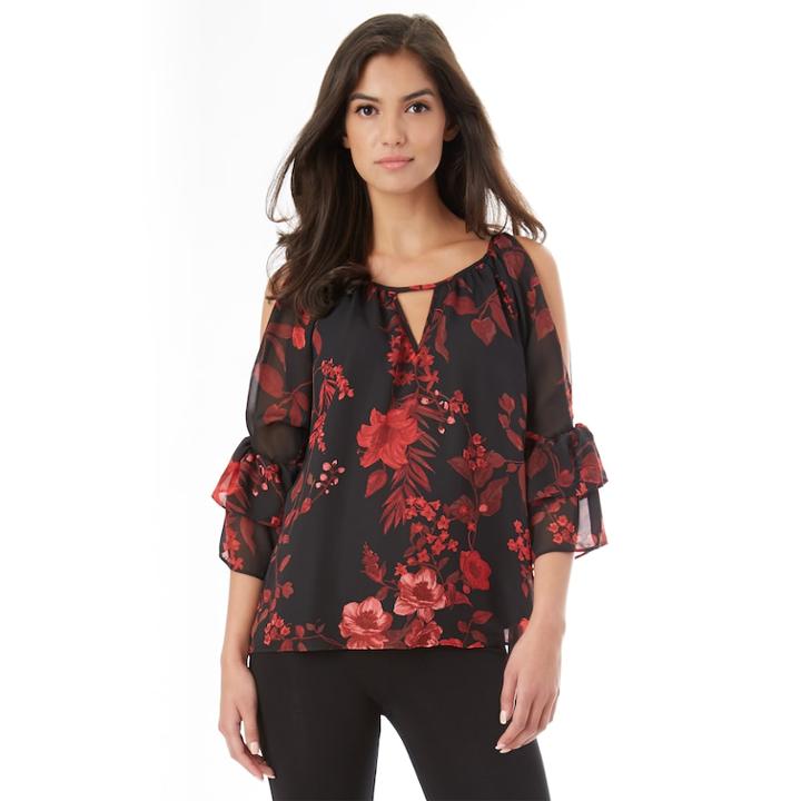 Juniors' Iz Byer Print Cold-shoulder Top, Teens, Size: Xs, Black Red Roses
