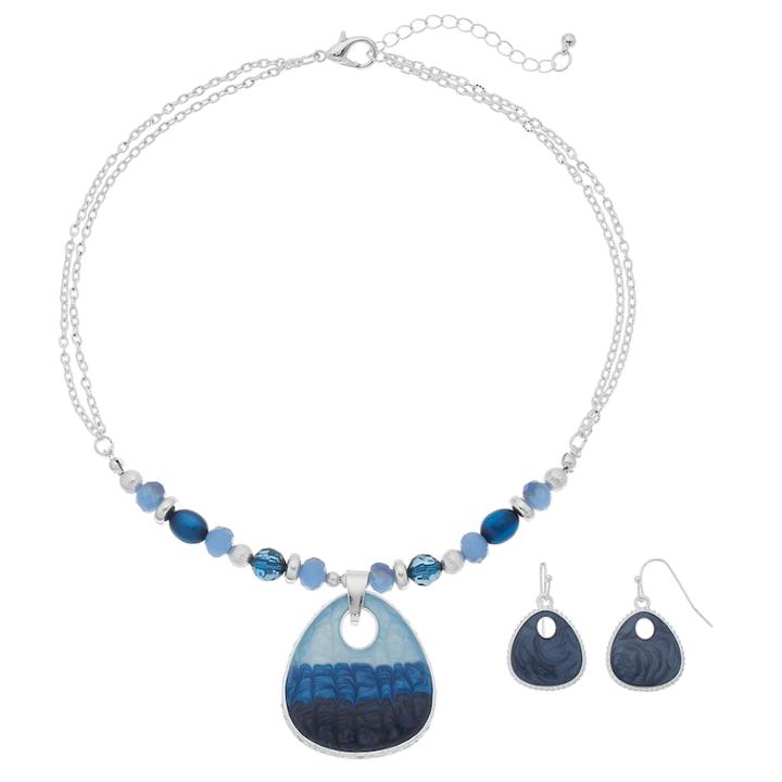 Guitar Pick Pendant Necklace & Drop Earrings Set, Women's, Blue