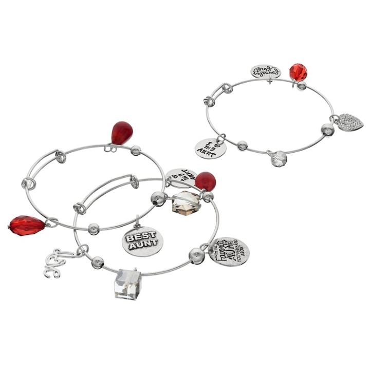 Best Aunt Heart Charm Bangle Bracelet Set, Women's, Red
