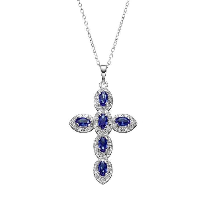 Radiant Gem Lab-created Sapphire Sterling Silver Cross Pendant Necklace, Women's, Size: 18