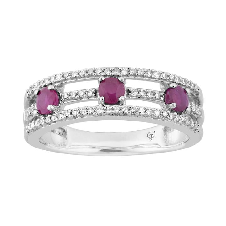 10k White Gold Ruby & 1/5 Carat T.w. Diamond 3-stone Ring, Women's, Size: 6, Red