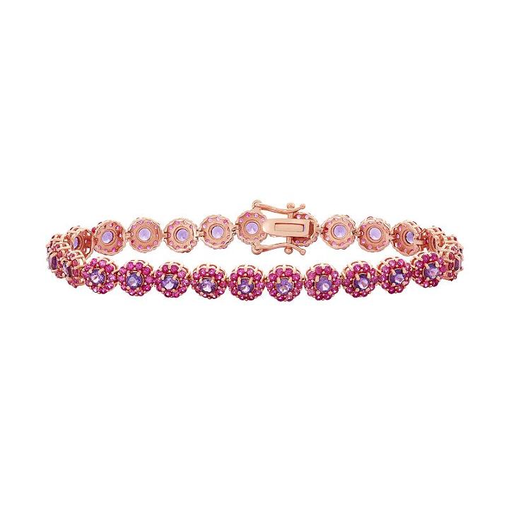 14k Rose Gold Over Silver Amethyst & Lab-created Ruby Flower Bracelet, Women's, Size: 7.25, Red