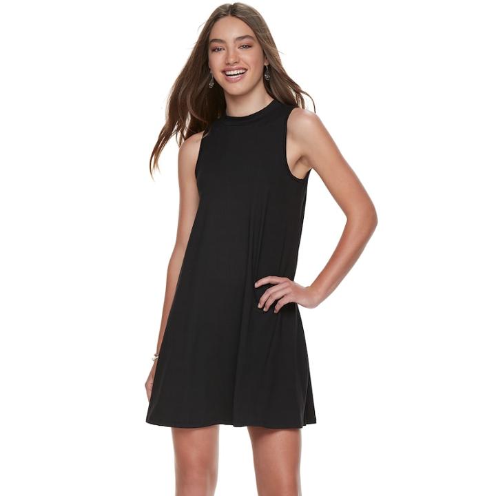 Juniors' Living Doll Solid Mockneck Swing Dress, Teens, Size: Xl, Black