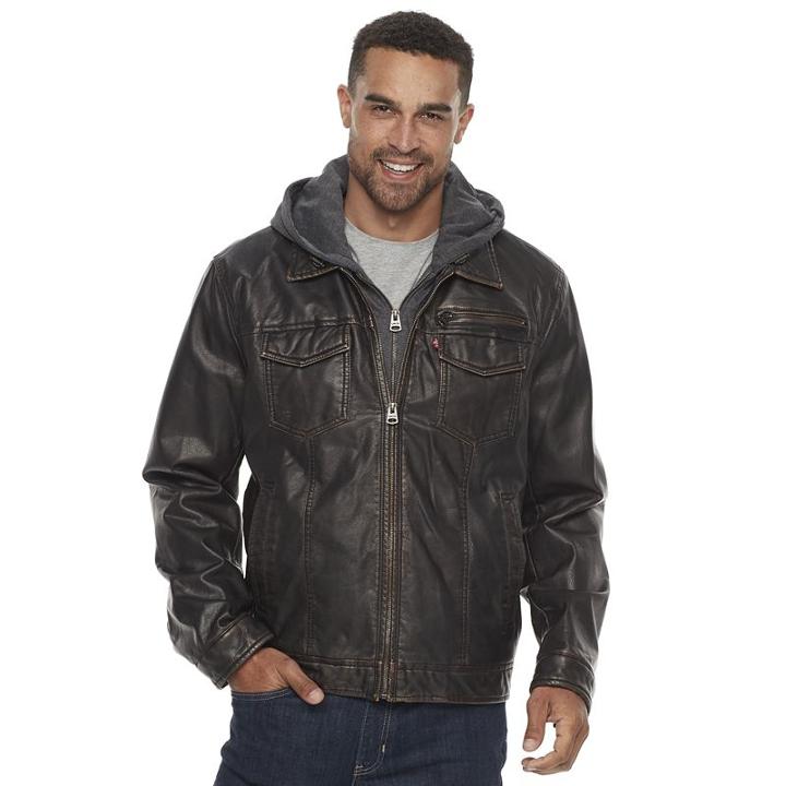 Men's Levi's&reg; Sherpa-lined Faux-leather Hooded Trucker Jacket, Size: Large, Dark Brown