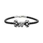 Insignia Collection Nascar Denny Hamlin Leather Bracelet And Sterling Silver 11 Bead Set, Women's, Size: 7.5, Black