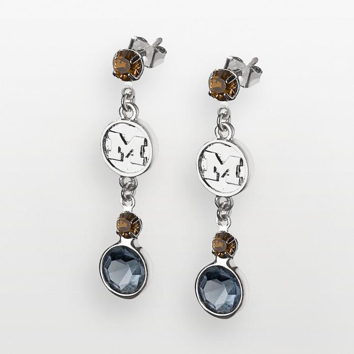 Michigan Wolverines Silver Tone Crystal Logo Linear Drop Earrings, Women's, Multicolor