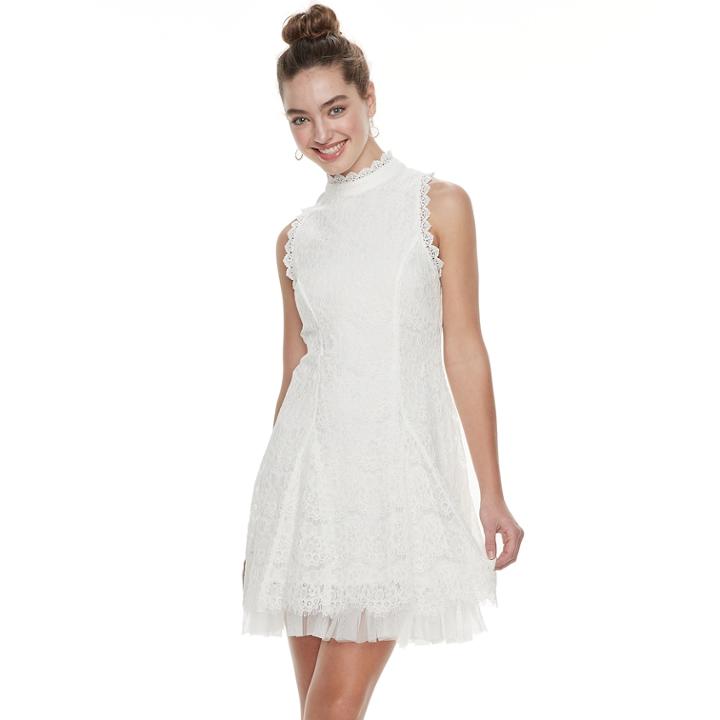 Juniors' Three Pink Hearts Lace Mockneck Fit & Flare Dress, Teens, Size: Medium, White