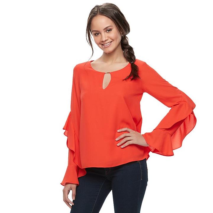 Juniors' Heartsoul Ruffle-sleeve Keyhole Top, Teens, Size: Small, Drk Orange