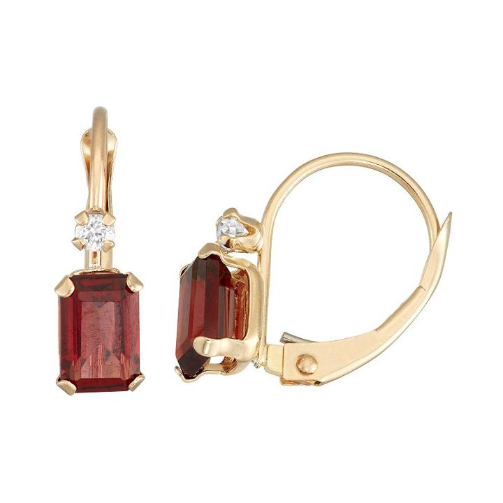 10k Gold Emerald-cut Garnet & White Zircon Leverback Earrings, Women's, Red