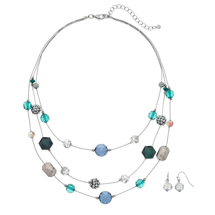 Blue Geometric Bead Illusion Necklace & Drop Earring Set, Women's
