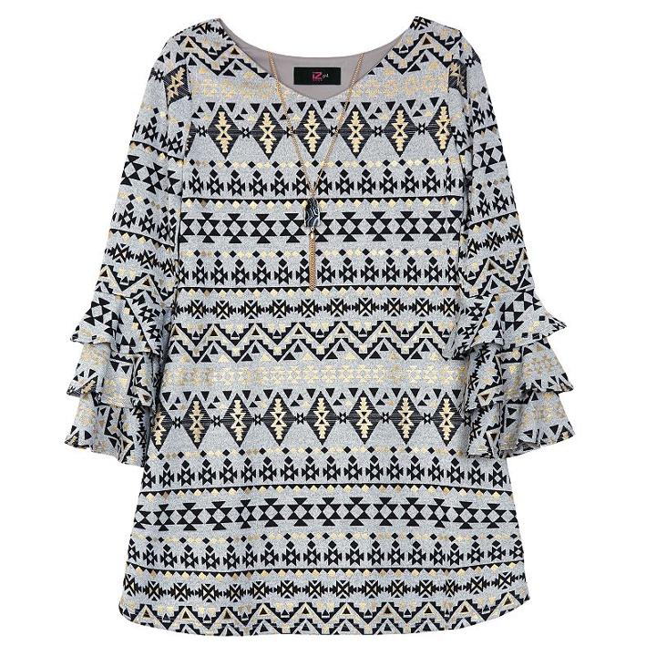 Girls 7-16 Iz Amy Byer Foil Tribal Pattern Ruffle Sleeve Dress With Necklace, Size: 7, A