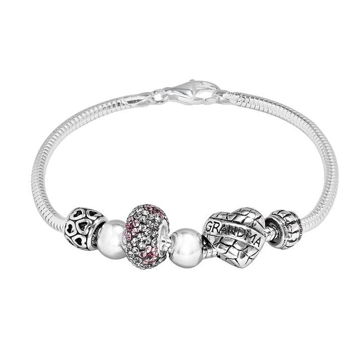 Individuality Beads Crystal Sterling Silver Snake Chain Bracelet & Grandma Heart Bead Set, Women's, Size: 7.5, Multicolor