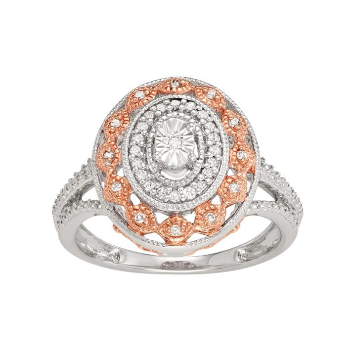 Two Tone Sterling Silver 1/6 Carat T.w. Diamond Halo Ring, Women's, Size: 5, White