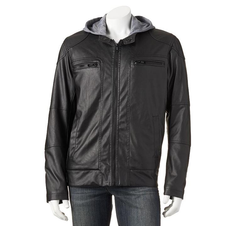 Men's Excelled Faux-leather Hooded Moto Jacket, Size: Large, Black