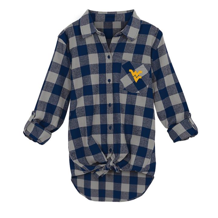 Juniors' West Virginia Mountaineers Spirit Week Tie-front Flannel Shirt, Teens, Size: Medium, Dark Blue