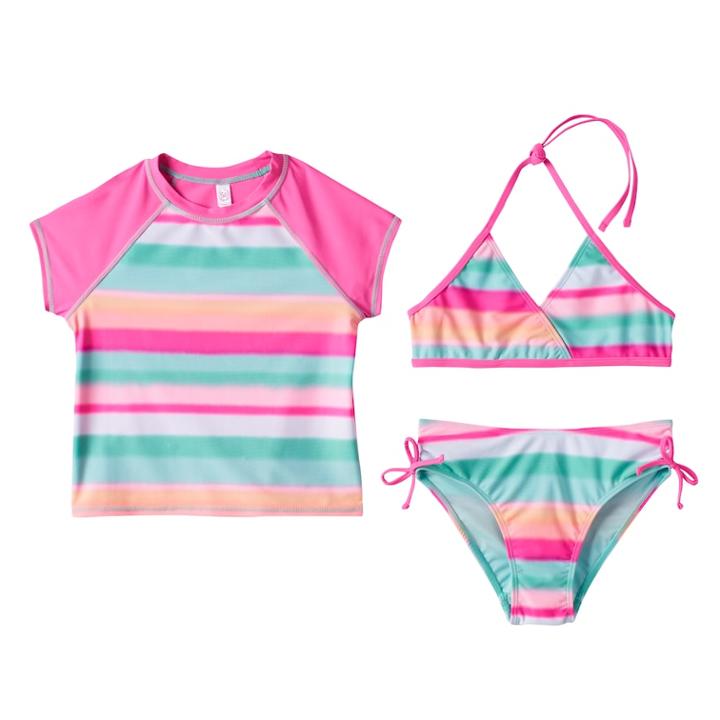 Girls 7-16 So&reg; 3-pc. Bikini & Raglan Rashguard Swimsuit Set, Size: L(12), Lt Orange
