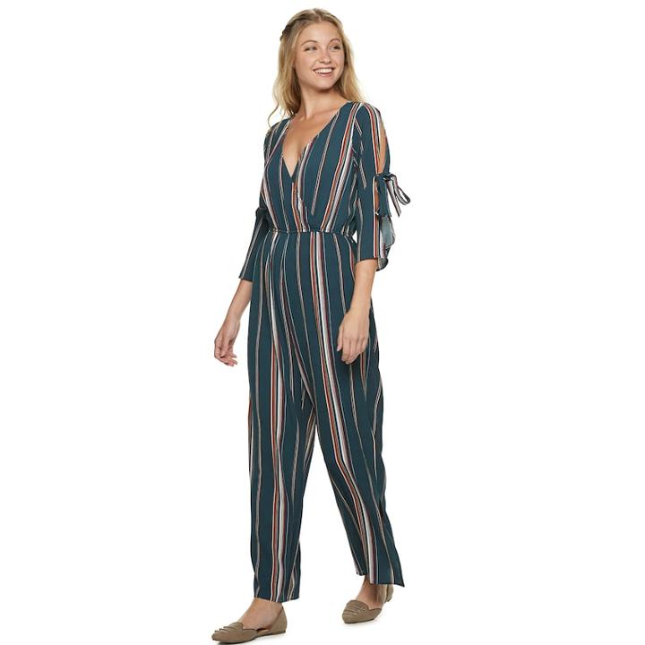 Juniors' Speechless Tie Sleeve Jumpsuit, Teens, Size: Small, Teal Rust Stripe