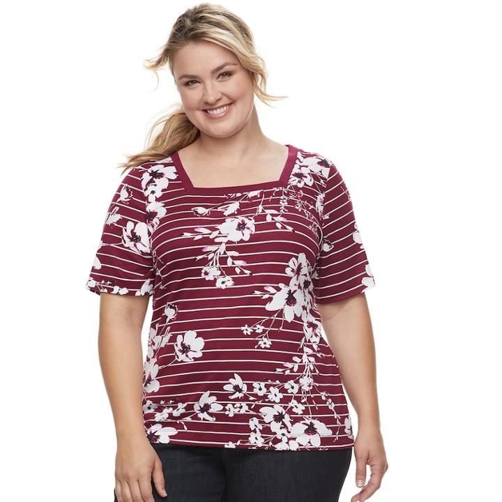Plus Size Croft & Barrow&reg; Squareneck Elbow Sleeve Tee, Women's, Size: 1xl, Dark Red