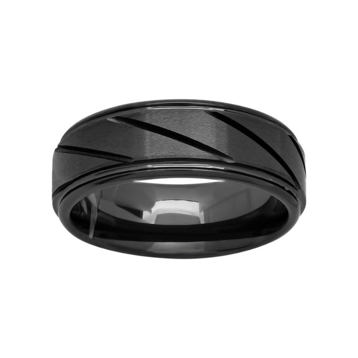 Black Ion-plated Ceramic Slant Groove Band - Men, Size: 12, Grey