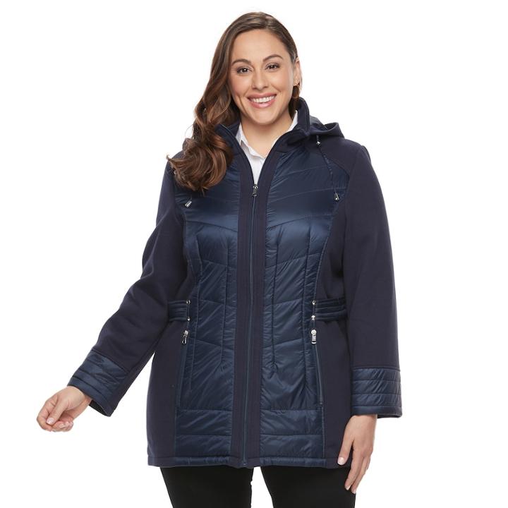Plus Size D.e.t.a.i.l.s Hooded Mixed-media Puffer Jacket, Women's, Size: 1xl, Blue