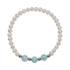 Sterling Silver Freshwater Cultured Pearl & Aquamarine Stretch Bracelet, Women's, Size: 7.5, White